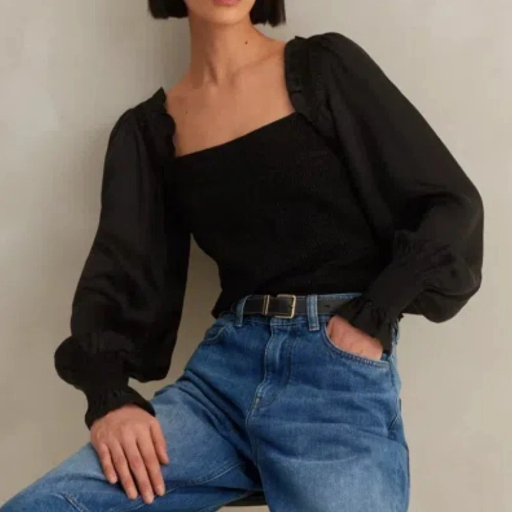 ME+EM Top Square Neck Lace Trim UK 10 US 6 Black Long Sleeve Smocked Coquette
